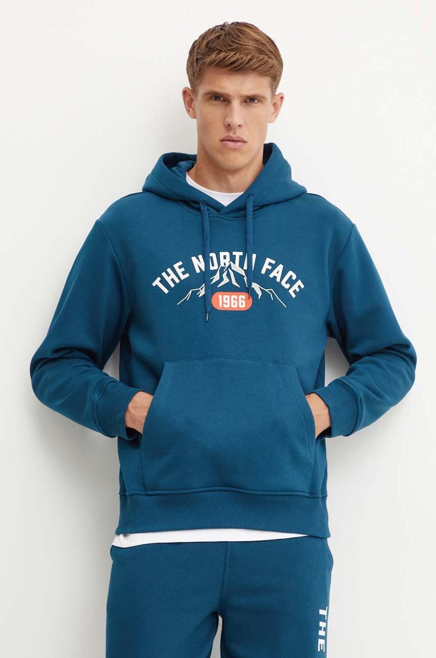 The North Face bluza Hoodie Varsity Graphic barbati, culoarea turcoaz, cu glugă, cu imprimeu, NF0A89DJ1NO1