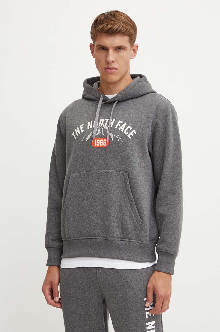 The North Face bluza Hoodie Varsity Graphic barbati, culoarea gri, cu glugă, cu imprimeu, NF0A89DJDYY1 The North Face bluza Hoodie Varsity Graphic barbati, culoarea gri, cu glugă, cu imprimeu, NF0A89DJDYY1
