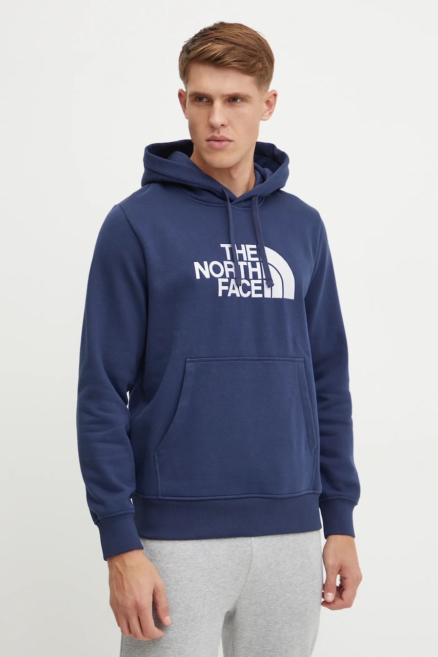 The North Face bluza Drew Peak barbati, culoarea albastru marin, cu glugă, cu imprimeu, NF0A89EM8K21 The North Face bluza Drew Peak barbati, culoarea albastru marin, cu glugă, cu imprimeu, NF0A89EM8K21