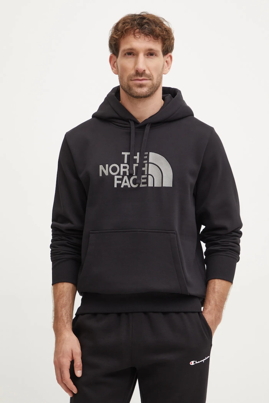 The North Face bluză Drew Peak bărbați, culoarea negru, cu glugă, cu imprimeu, NF0A89EMJK31