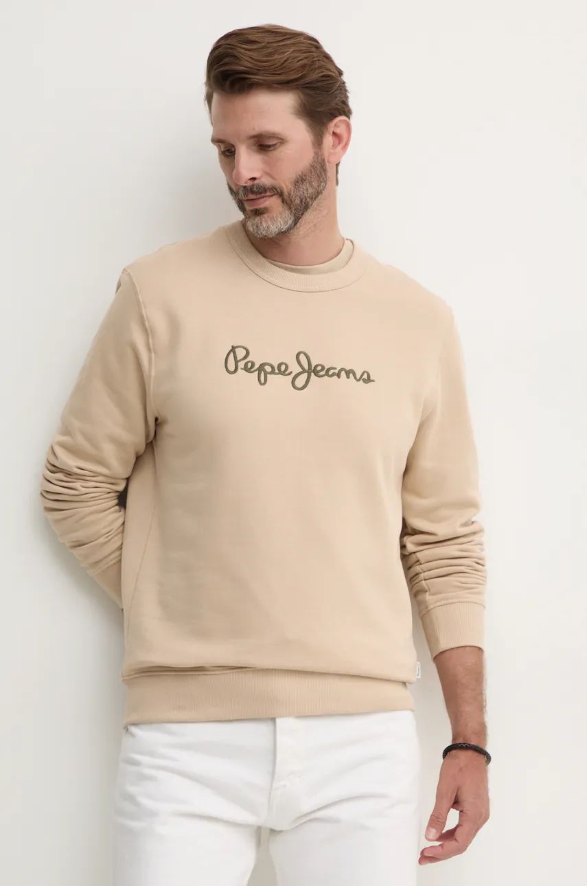 Pepe Jeans hanorac de bumbac NEW JOE CREW barbati, culoarea bej, cu imprimeu, PM582715