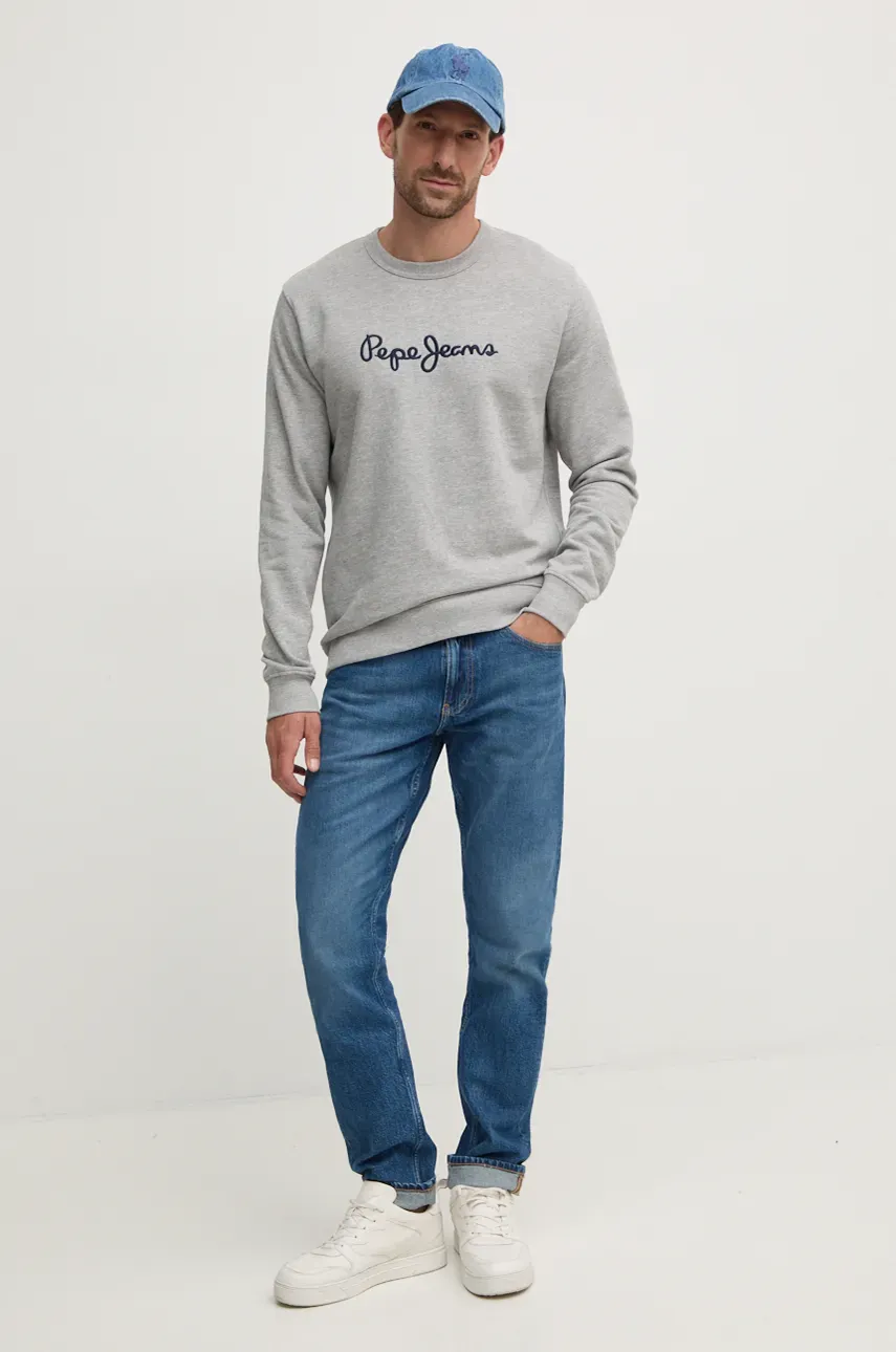 Хлопковая кофта Pepe Jeans NEW JOE CREW мужская цвет серый с аппликацией PM582715 Хлопковая кофта Pepe Jeans NEW JOE CREW мужская цвет серый с аппликацией PM582715