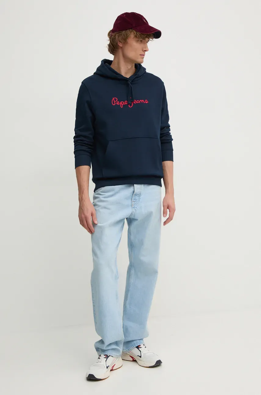 Хлопковая кофта Pepe Jeans NEW JOE HOODIE мужская цвет синий с капюшоном с аппликацией PM582716 Хлопковая кофта Pepe Jeans NEW JOE HOODIE мужская цвет синий с капюшоном с аппликацией PM582716
