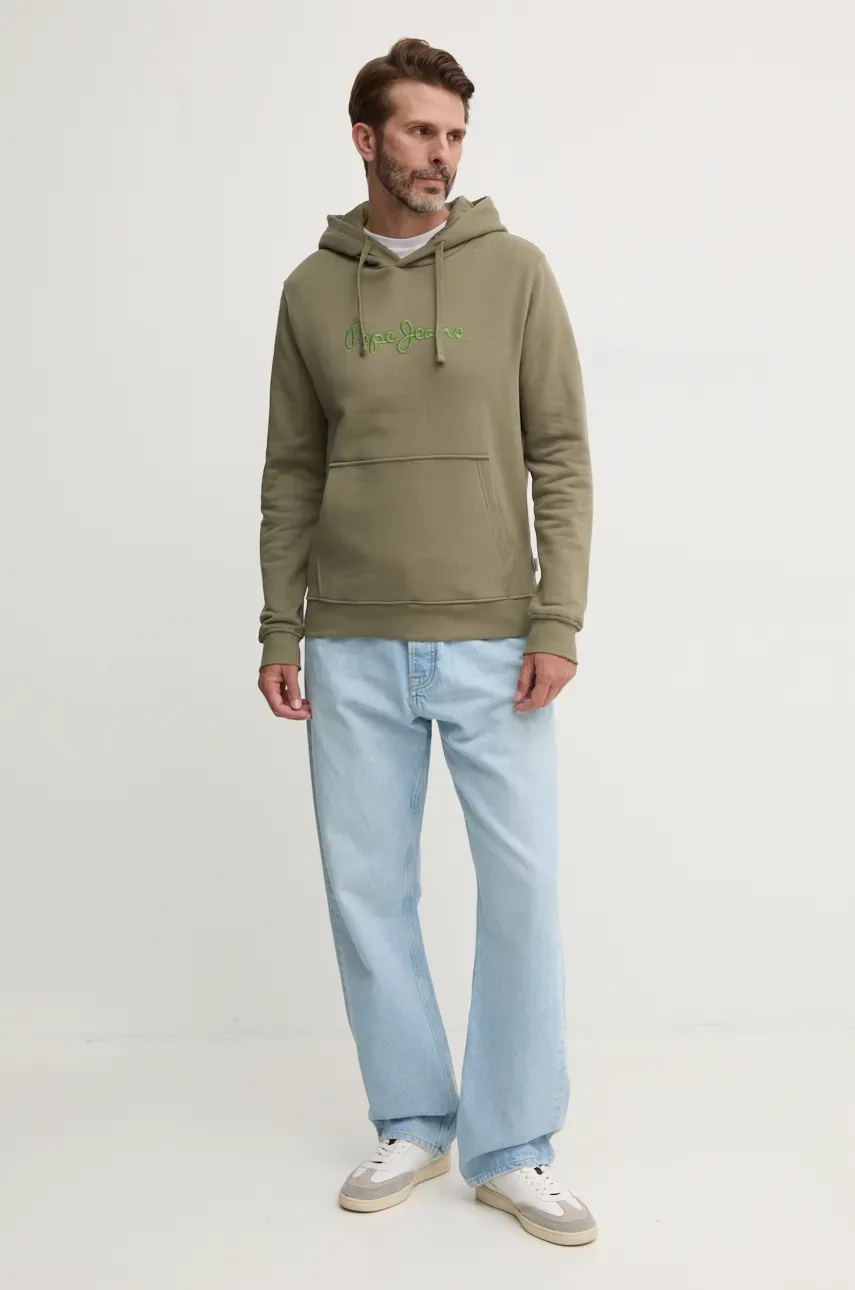 Хлопковая кофта Pepe Jeans NEW JOE HOODIE мужская цвет зелёный с капюшоном с аппликацией PM582716 Хлопковая кофта Pepe Jeans NEW JOE HOODIE мужская цвет зелёный с капюшоном с аппликацией PM582716