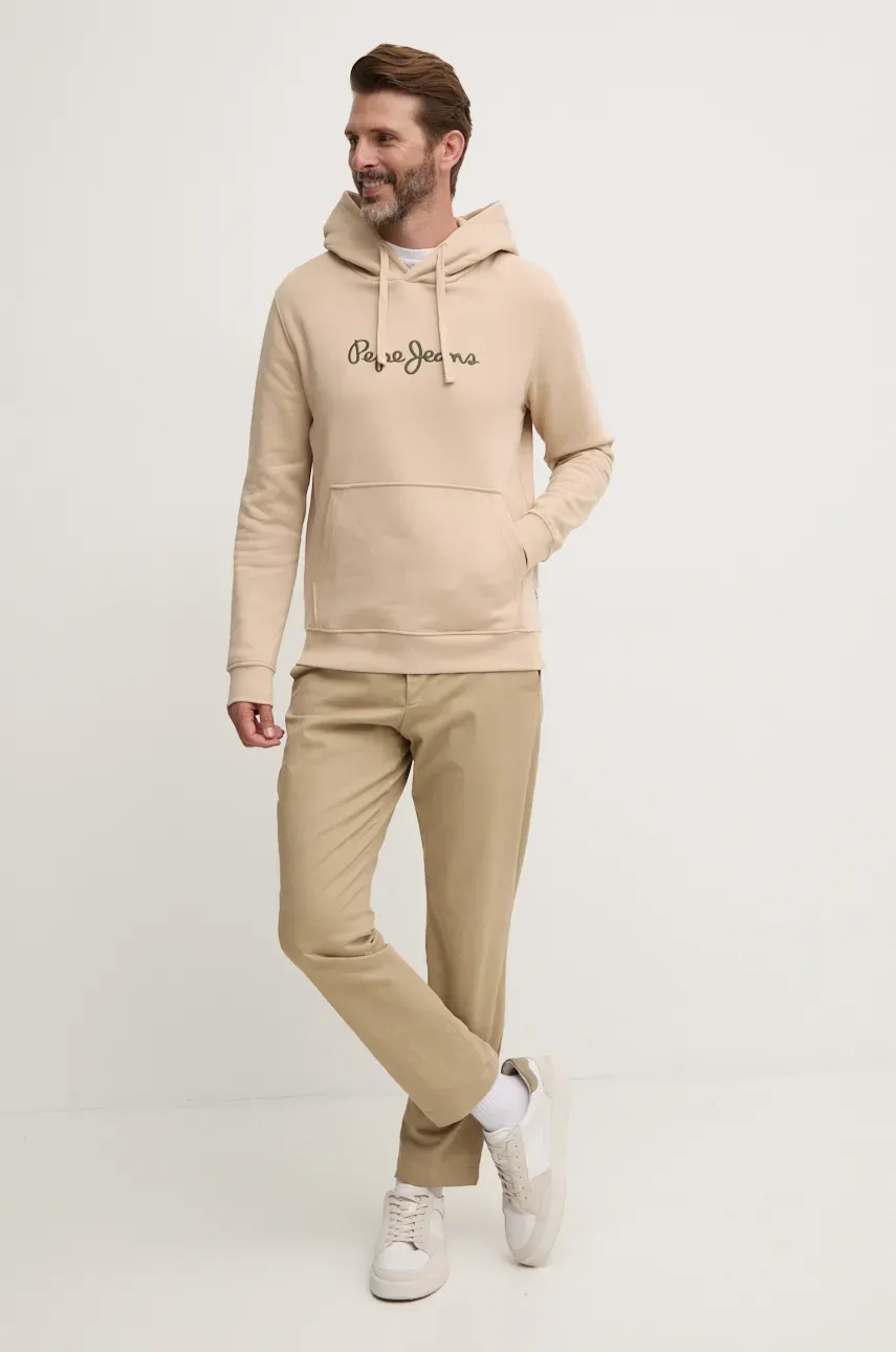 Хлопковая кофта Pepe Jeans NEW JOE HOODIE мужская цвет бежевый с капюшоном с аппликацией PM582716 Хлопковая кофта Pepe Jeans NEW JOE HOODIE мужская цвет бежевый с капюшоном с аппликацией PM582716