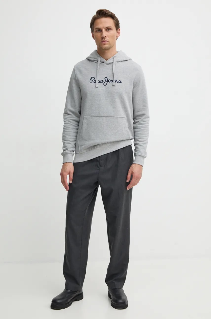 Хлопковая кофта Pepe Jeans NEW JOE HOODIE мужская цвет серый с капюшоном с аппликацией PM582716 Хлопковая кофта Pepe Jeans NEW JOE HOODIE мужская цвет серый с капюшоном с аппликацией PM582716