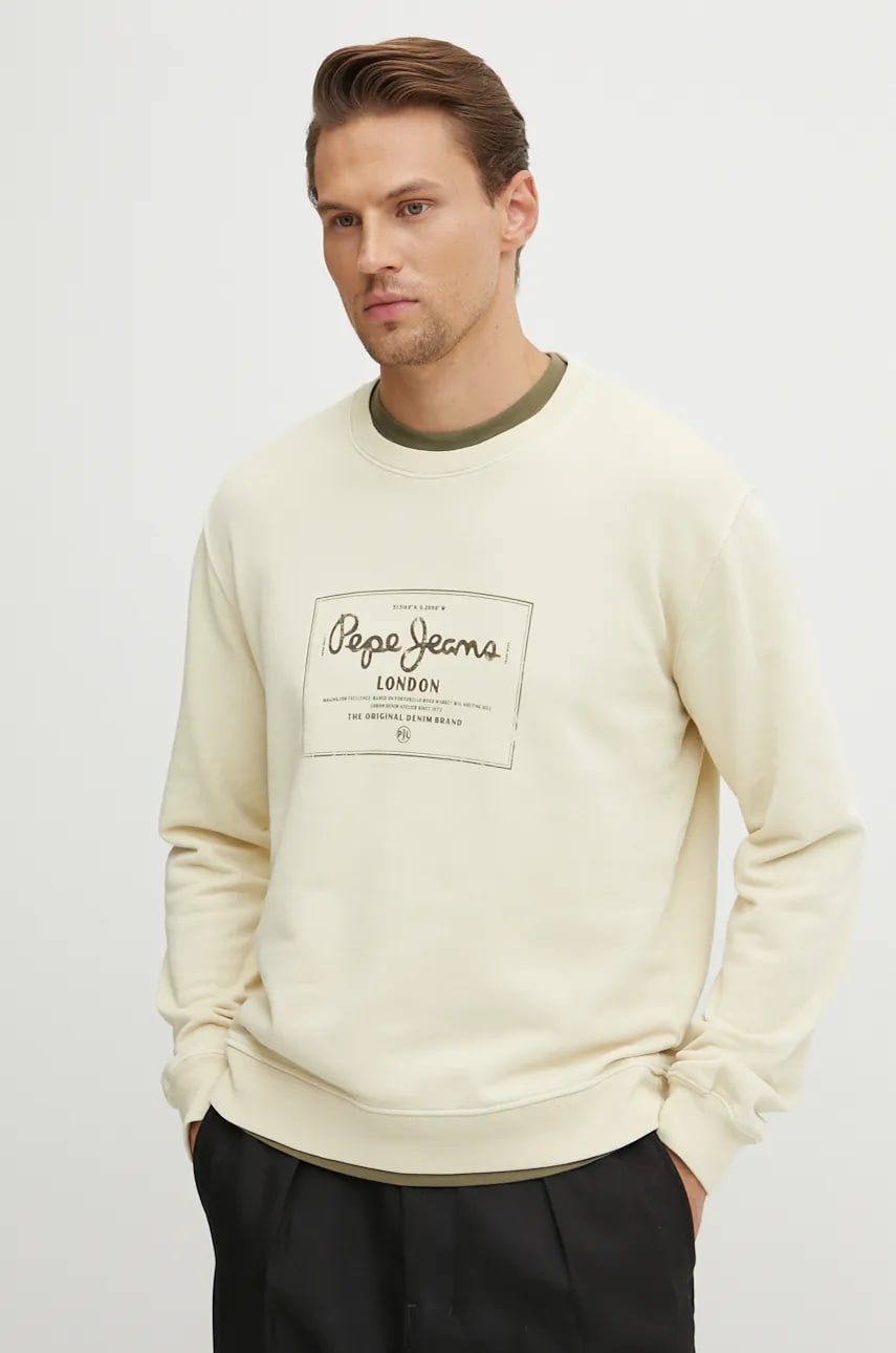 Pepe Jeans hanorac de bumbac SIMON barbati, culoarea bej, cu imprimeu, PM582721 Pepe Jeans hanorac de bumbac SIMON barbati, culoarea bej, cu imprimeu, PM582721