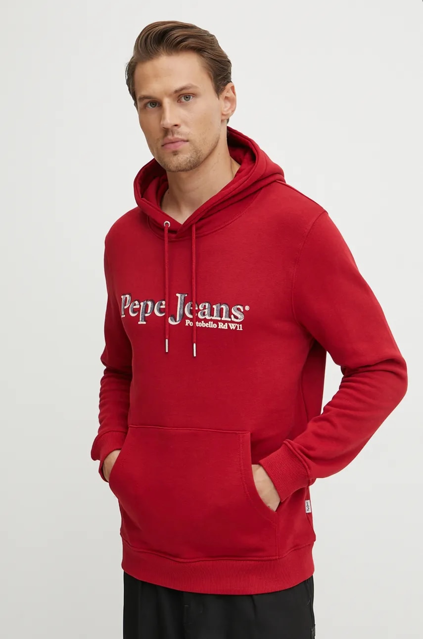 Pepe Jeans hanorac de bumbac SOMERS HOODIE barbati, culoarea rosu, cu gluga, cu imprimeu, PM582728