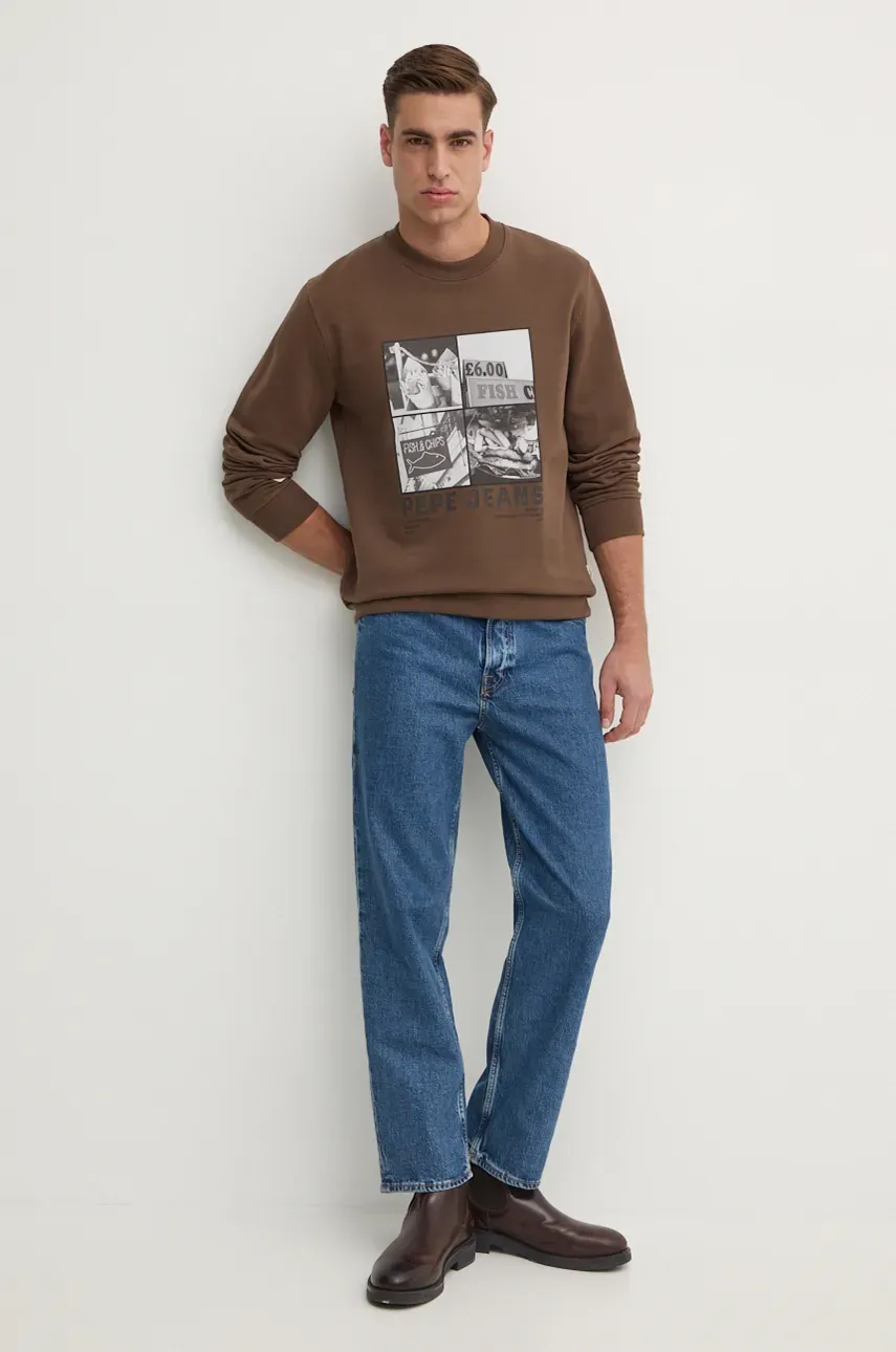 Хлопковая кофта Pepe Jeans AWEST CREW мужская цвет коричневый с принтом PM582730 Хлопковая кофта Pepe Jeans AWEST CREW мужская цвет коричневый с принтом PM582730