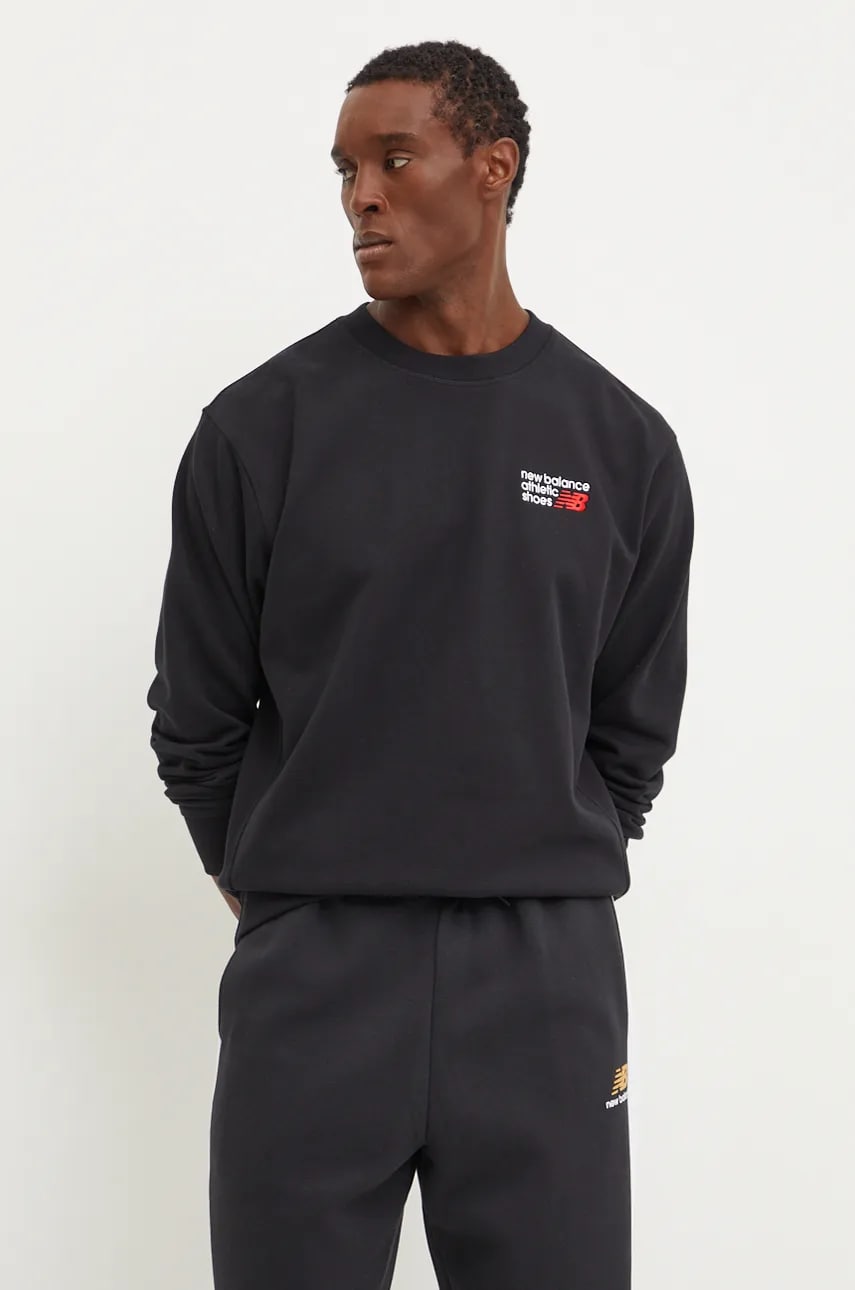 New Balance hanorac de bumbac barbati, culoarea negru, cu imprimeu, MT41547BK New Balance hanorac de bumbac barbati, culoarea negru, cu imprimeu, MT41547BK