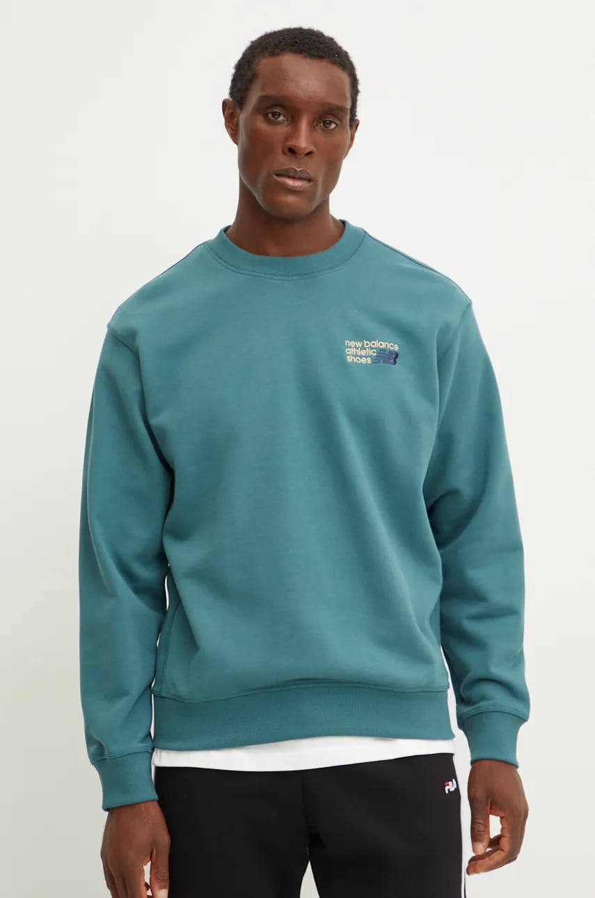 New Balance hanorac de bumbac barbati, culoarea verde, neted, MT41547NUS New Balance hanorac de bumbac barbati, culoarea verde, neted, MT41547NUS