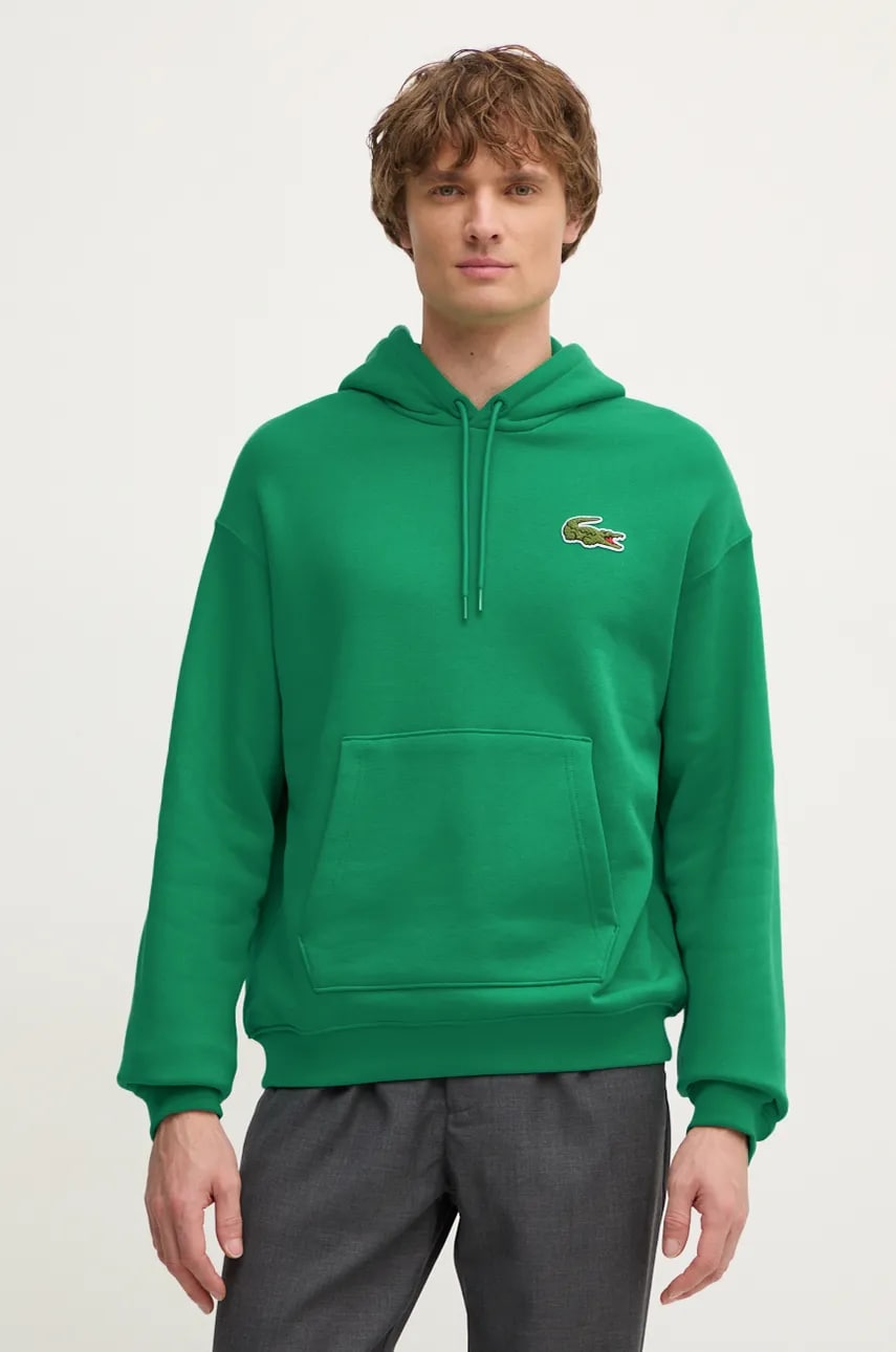 Lacoste hanorac de bumbac barbati, culoarea verde, cu glugă, neted, SH2754 Lacoste hanorac de bumbac barbati, culoarea verde, cu glugă, neted, SH2754