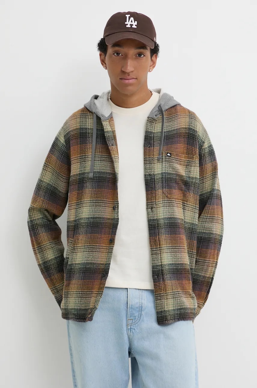 Quiksilver jachetă de cămașă din bumbac Sandbar culoarea verde, de tranzitie, oversize, AQYWT03367