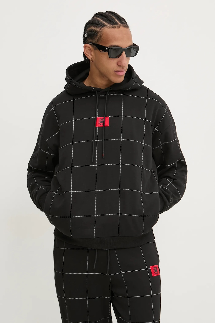 HUGO hanorac de bumbac x RACING BULLS barbati, culoarea negru, cu glugă, modelator, 50530057