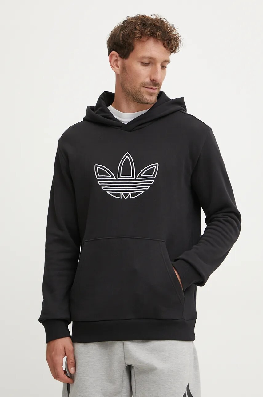 adidas Originals hanorac de bumbac Outline Hoodie barbati, culoarea negru, cu gluga, cu imprimeu, JJ1506