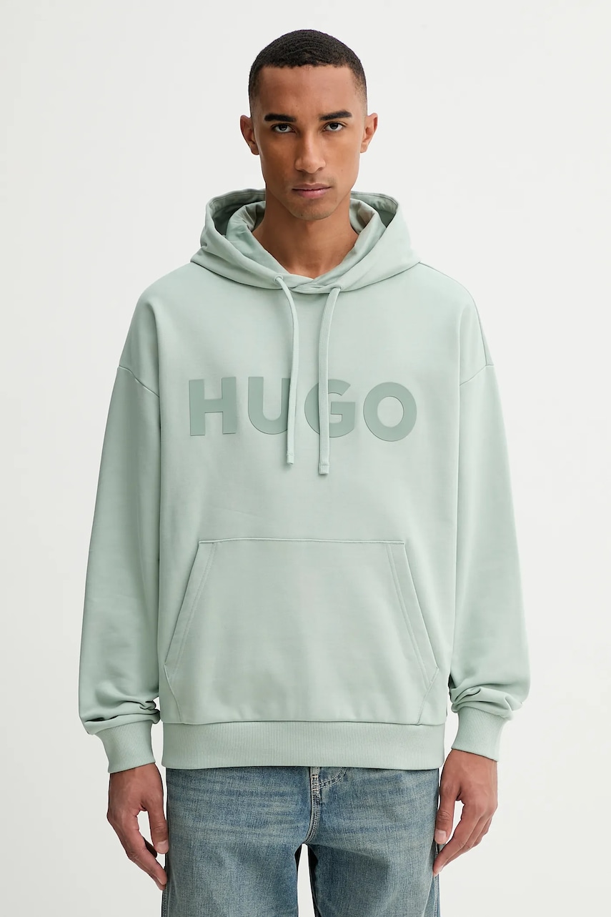 HUGO hanorac de bumbac culoarea negru, cu glugă, cu imprimeu, 50529090
