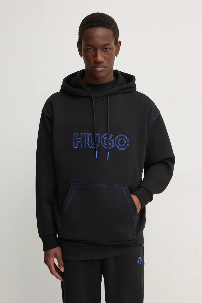 Hugo Blue hanorac de bumbac barbati, culoarea negru, cu glugă, cu imprimeu, 50521697