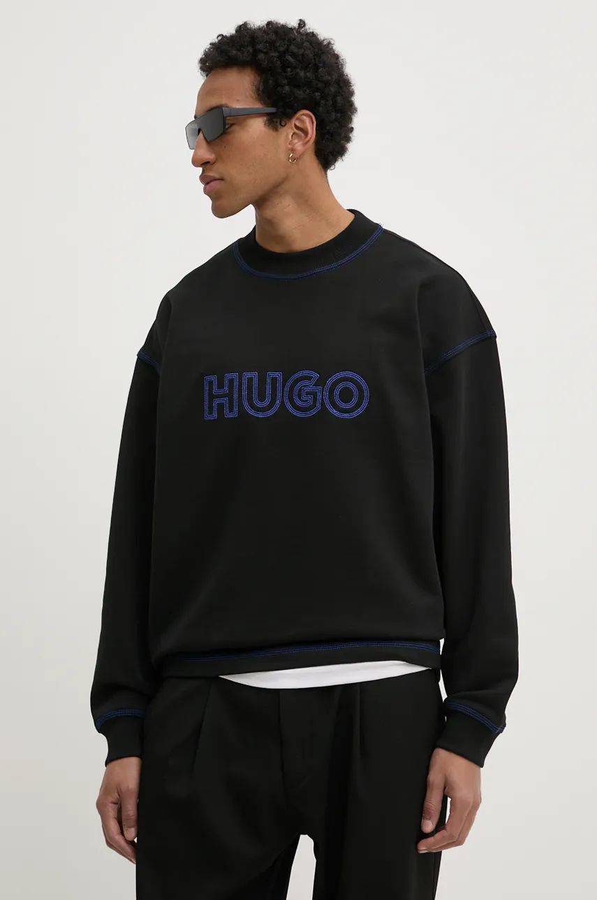 Hugo Blue hanorac de bumbac barbati, culoarea negru, cu imprimeu, 50530046