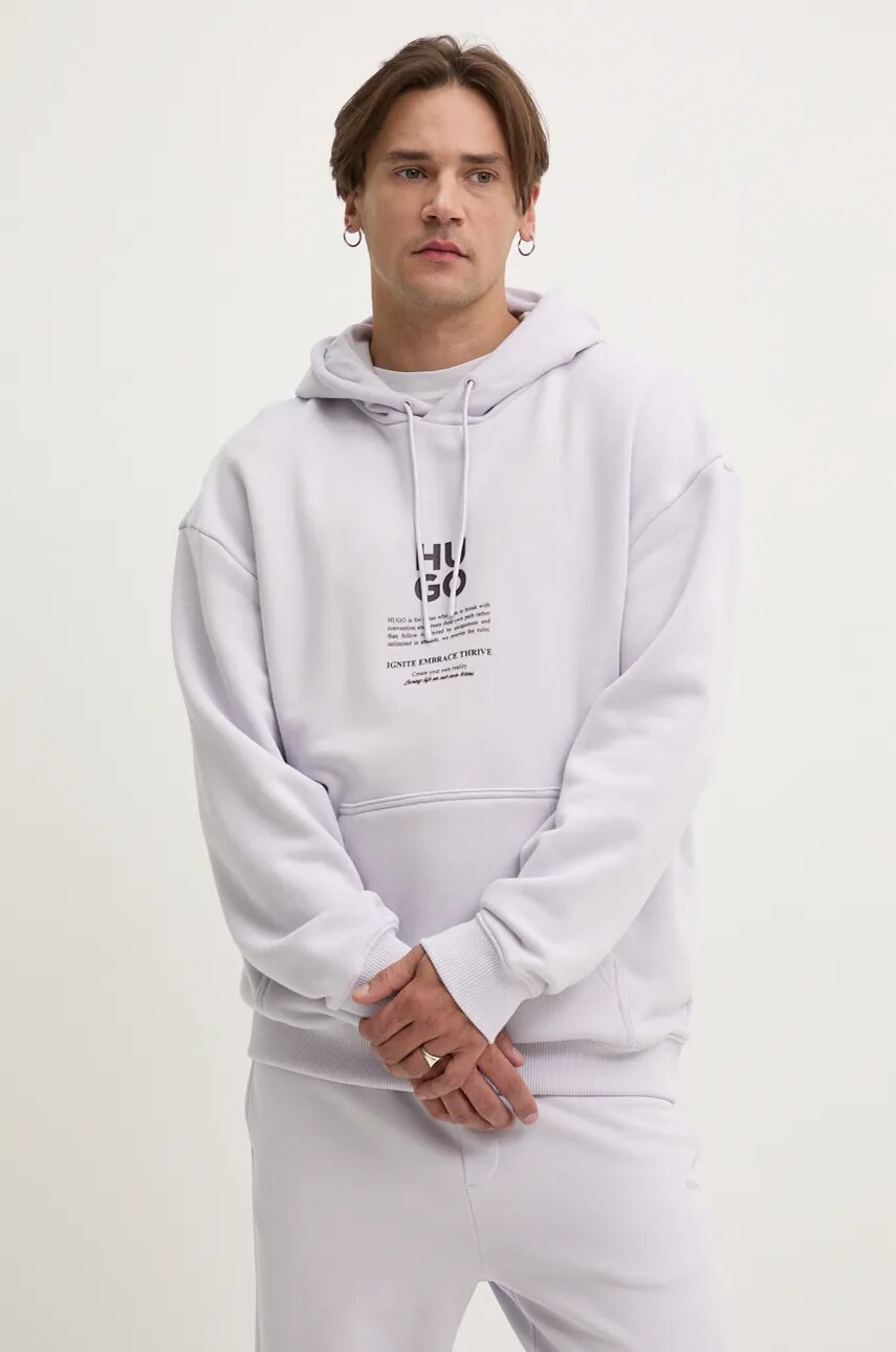 HUGO bluza barbati, culoarea violet, cu glugă, cu imprimeu, 50521288