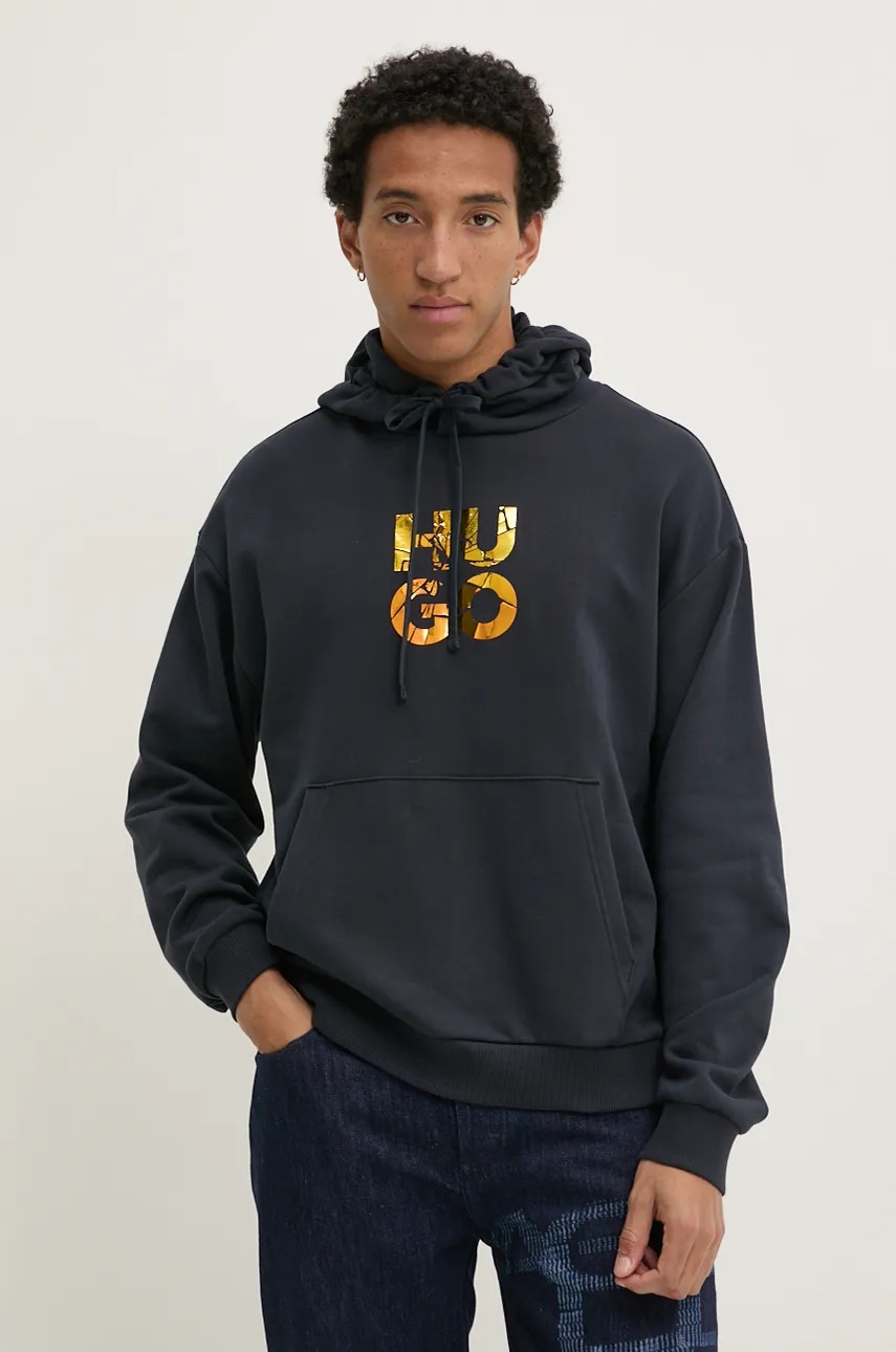 HUGO hanorac de bumbac barbati, culoarea albastru marin, cu glugă, cu imprimeu, 50522119