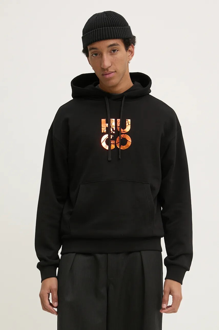 HUGO hanorac de bumbac barbati, culoarea negru, cu gluga, cu imprimeu, 50522119