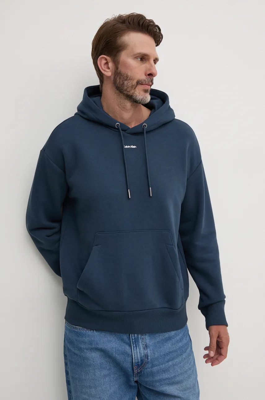 Levně Mikina Calvin Klein pánská, modrá barva, s kapucí, s aplikací, K10K112871