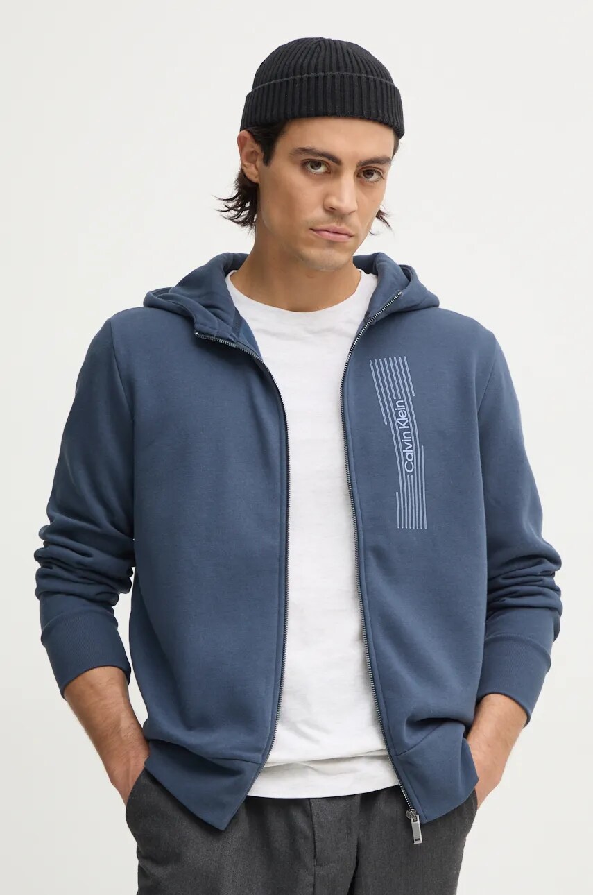 Levně Mikina Calvin Klein pánská, modrá barva, s kapucí, s potiskem, K10K113550