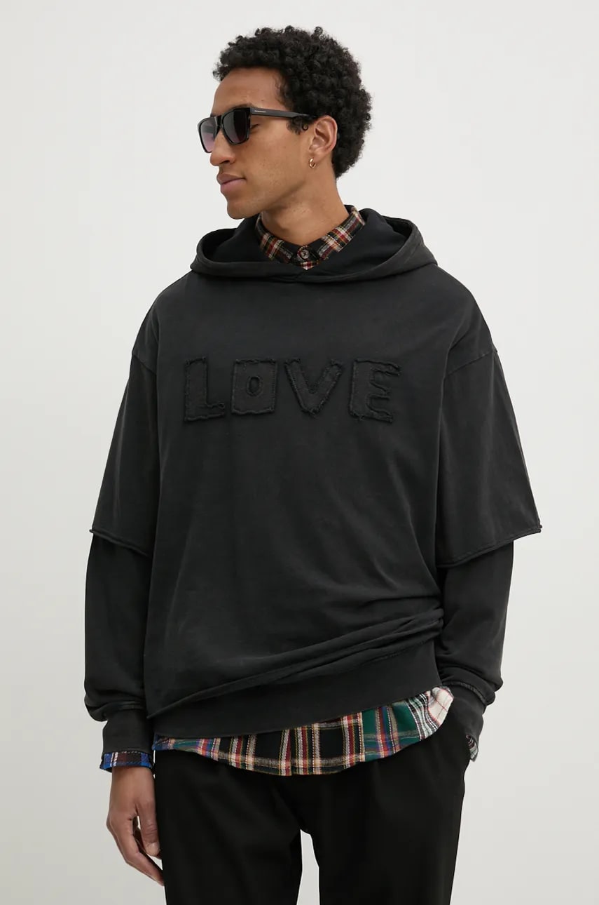 Desigual hanorac de bumbac NUEVOMEXICO barbati, culoarea negru, cu glugă, neted, 24WMSK19 Desigual hanorac de bumbac NUEVOMEXICO barbati, culoarea negru, cu glugă, neted, 24WMSK19