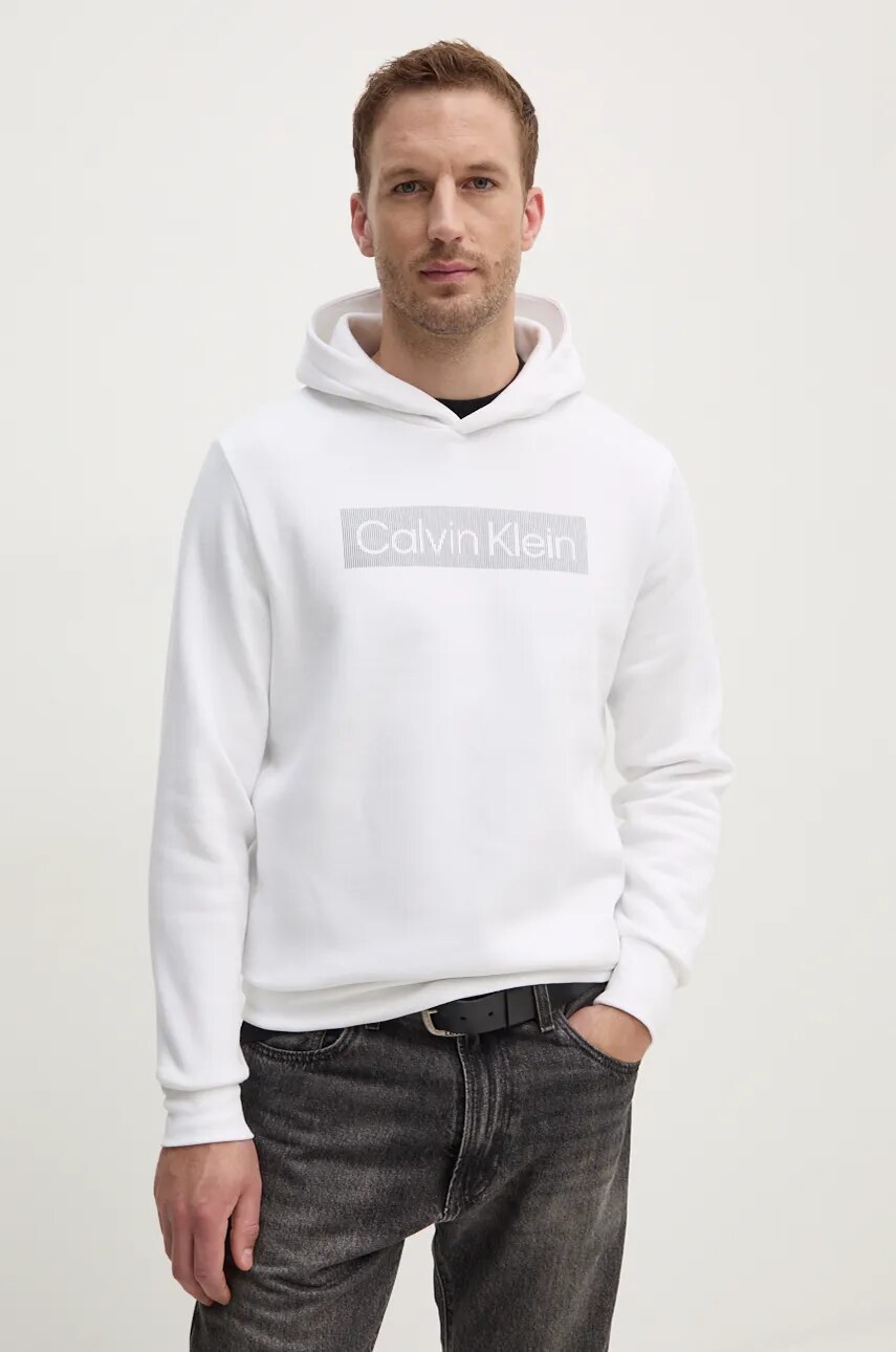 Levně Mikina Calvin Klein pánská, bílá barva, s kapucí, s potiskem, K10K113552