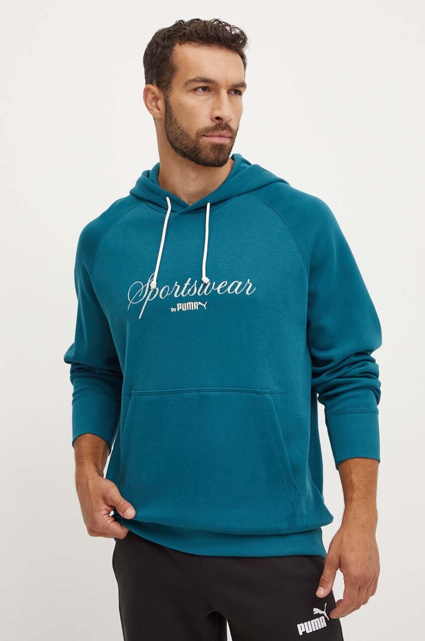 Puma hanorac de bumbac barbati, culoarea turcoaz, cu gluga, cu imprimeu, 626722