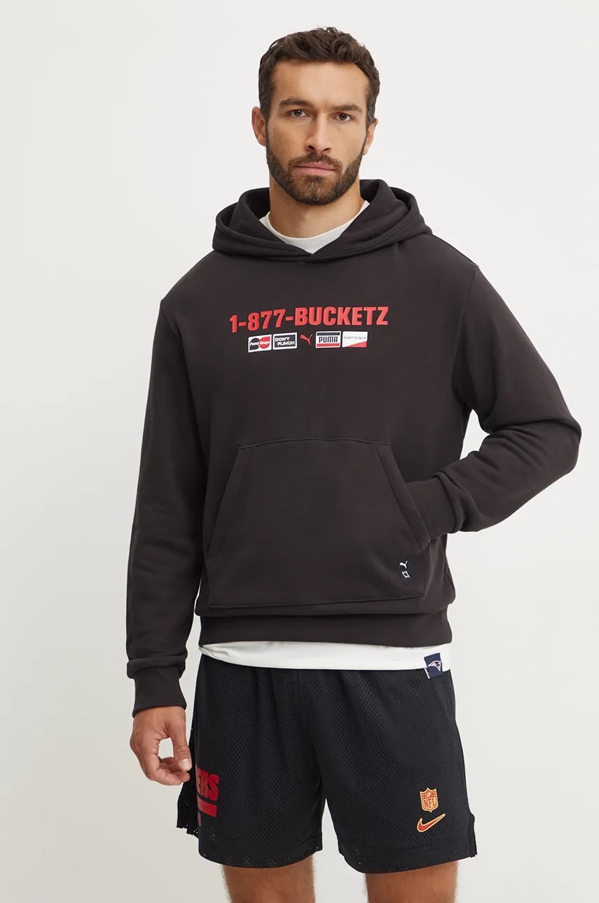 Puma hanorac de bumbac barbati, culoarea negru, cu glugă, cu imprimeu, 627152 Puma hanorac de bumbac barbati, culoarea negru, cu glugă, cu imprimeu, 627152
