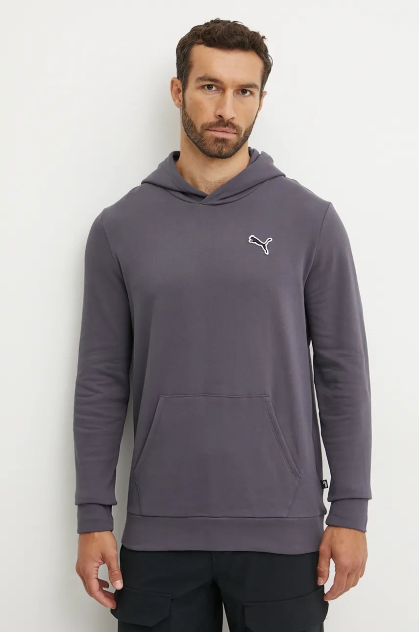 Puma hanorac de bumbac BETTER ESSENTIALS barbati, culoarea gri, cu glugă, neted, 676814 Puma hanorac de bumbac BETTER ESSENTIALS barbati, culoarea gri, cu glugă, neted, 676814