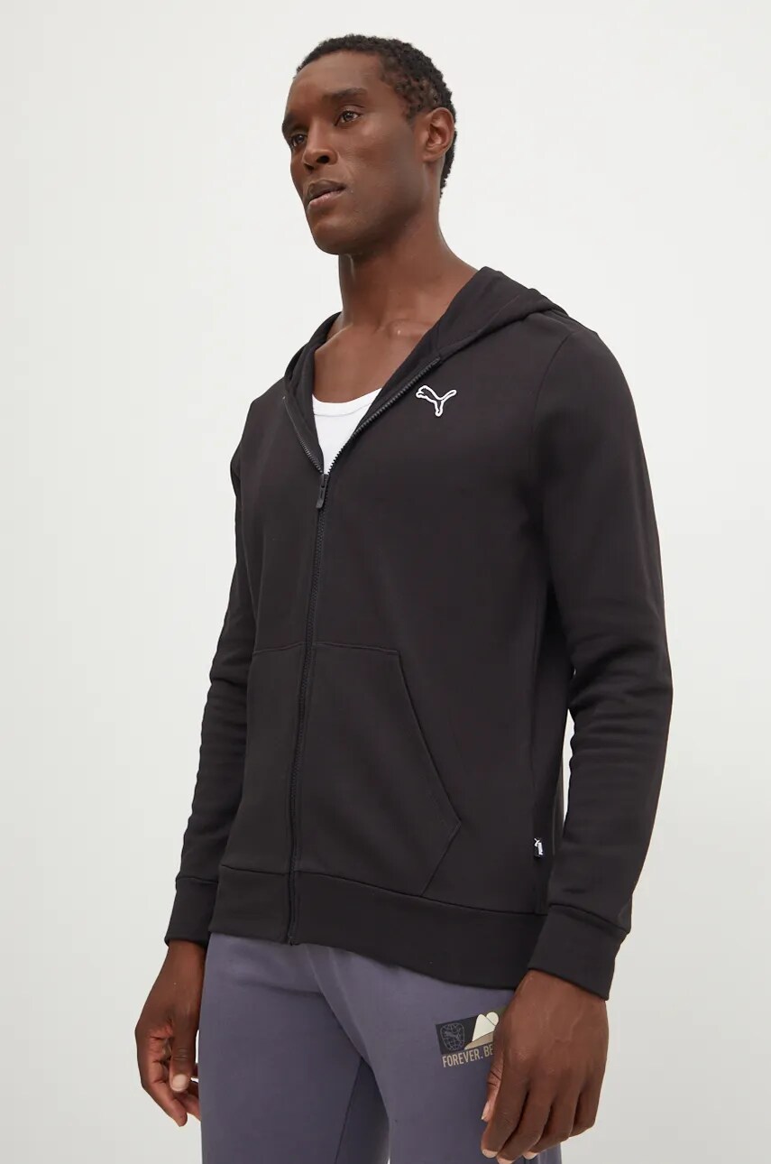 Puma hanorac de bumbac barbati, culoarea negru, cu glugă, neted, 676815
