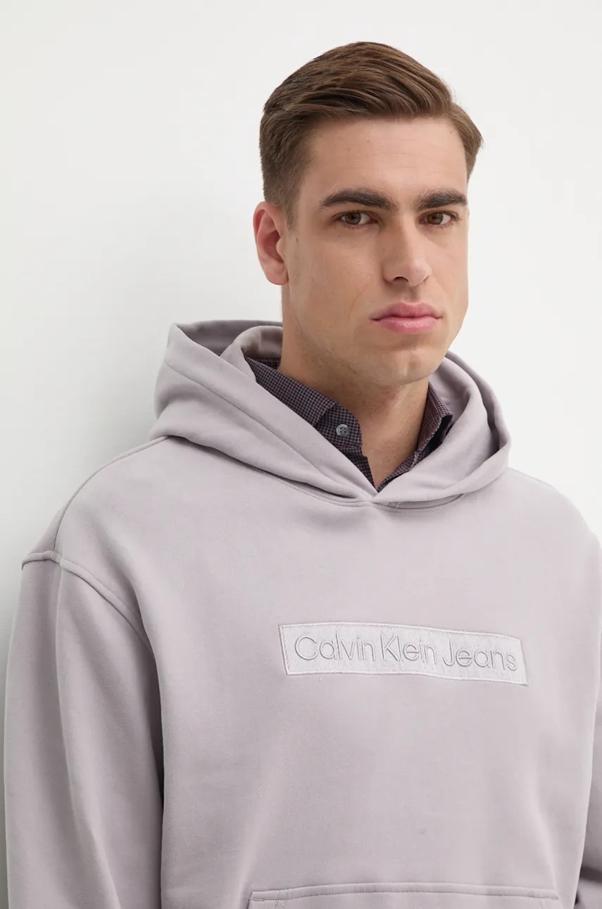 Бавовняна кофта Calvin Klein Jeans чоловіча колір сірий з капюшоном з аплікацією J30J326147 