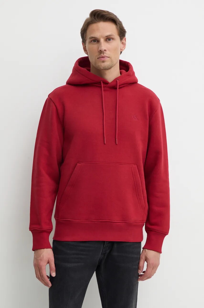 Levně Mikina Calvin Klein Jeans pánská, vínová barva, s kapucí, hladká, J30J326459