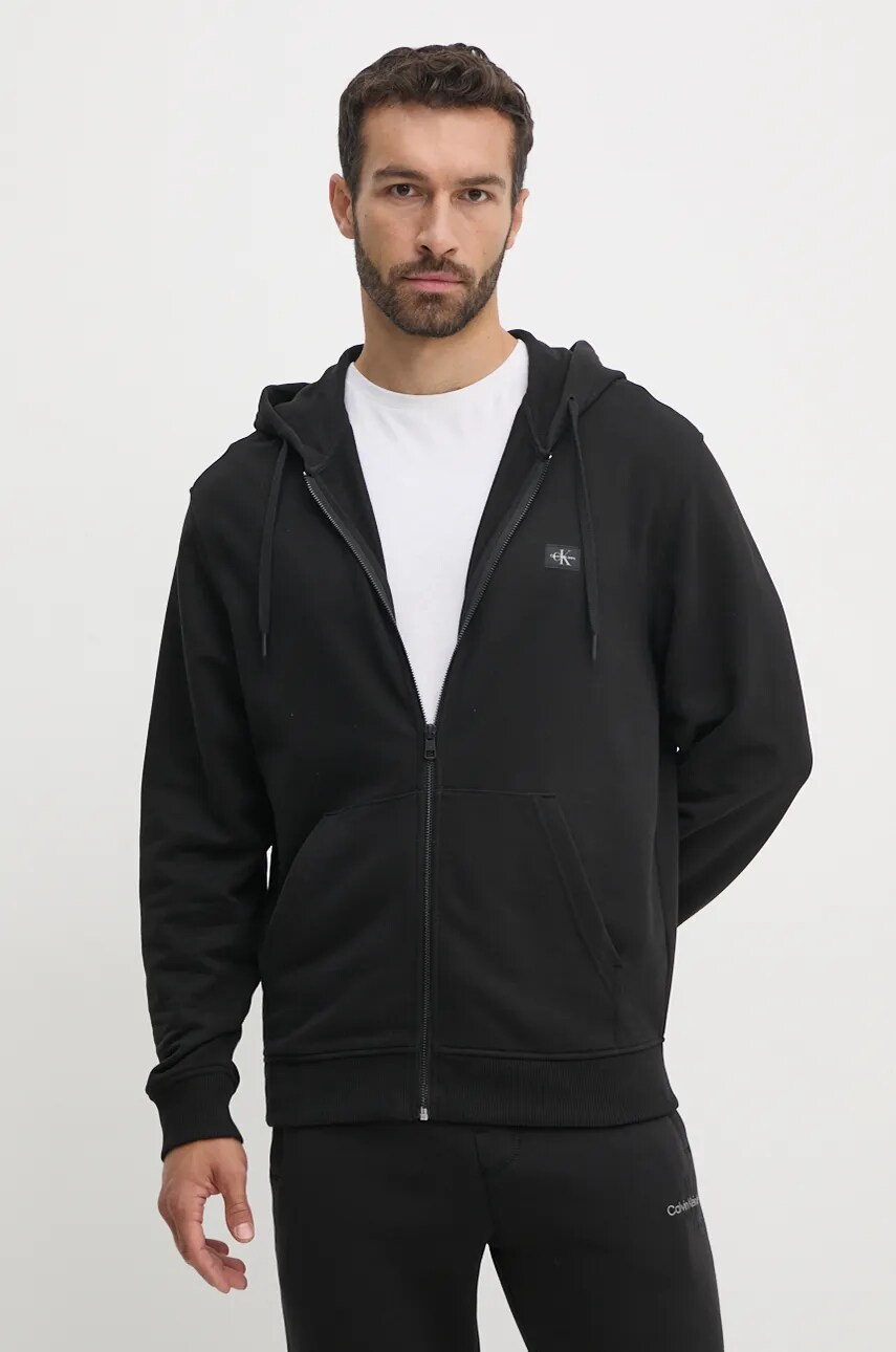 Levně Bavlněná mikina Calvin Klein Jeans pánská, černá barva, s kapucí, hladká, J30J326858