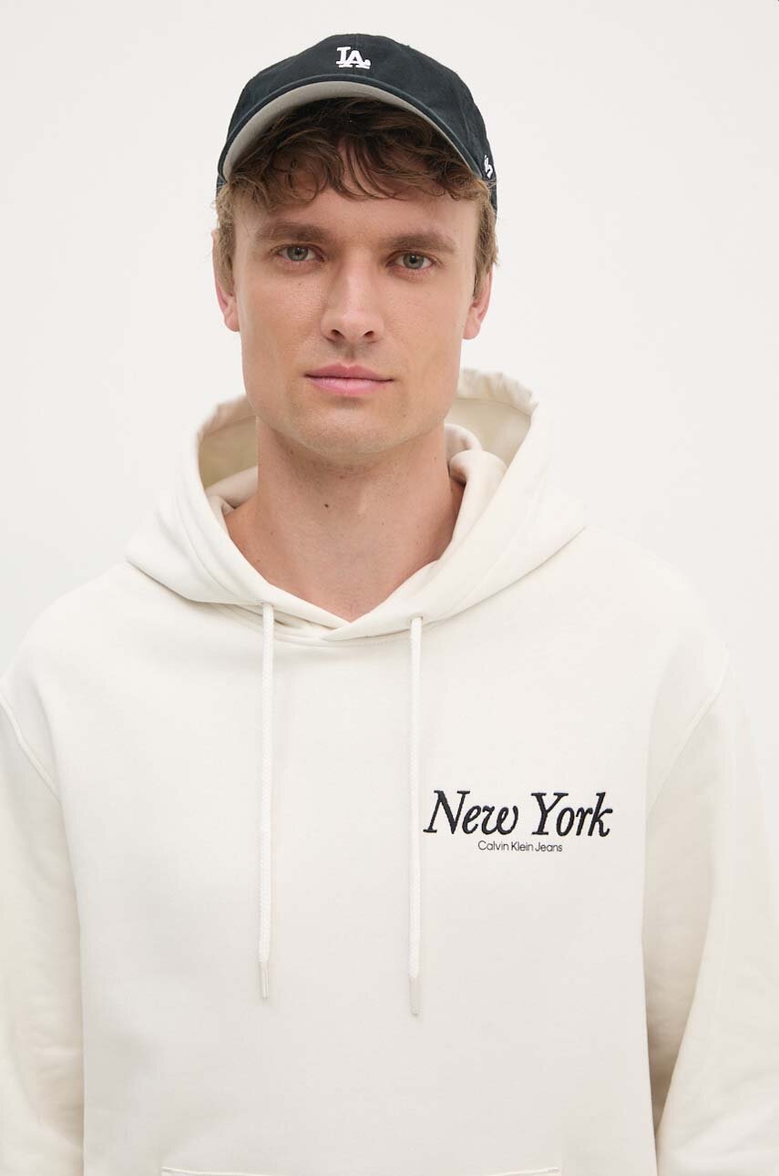 Βαμβακερή μπλούζα Calvin Klein Jeans χρώμα: μπεζ, με κουκούλα, J30J326876 φωτογραφία