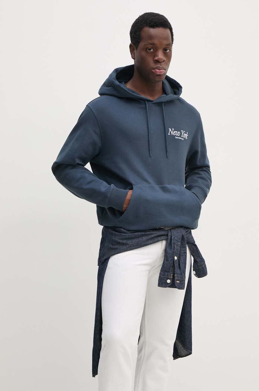 Levně Bavlněná mikina Calvin Klein Jeans pánská, tmavomodrá barva, s kapucí, s aplikací, J30J326876