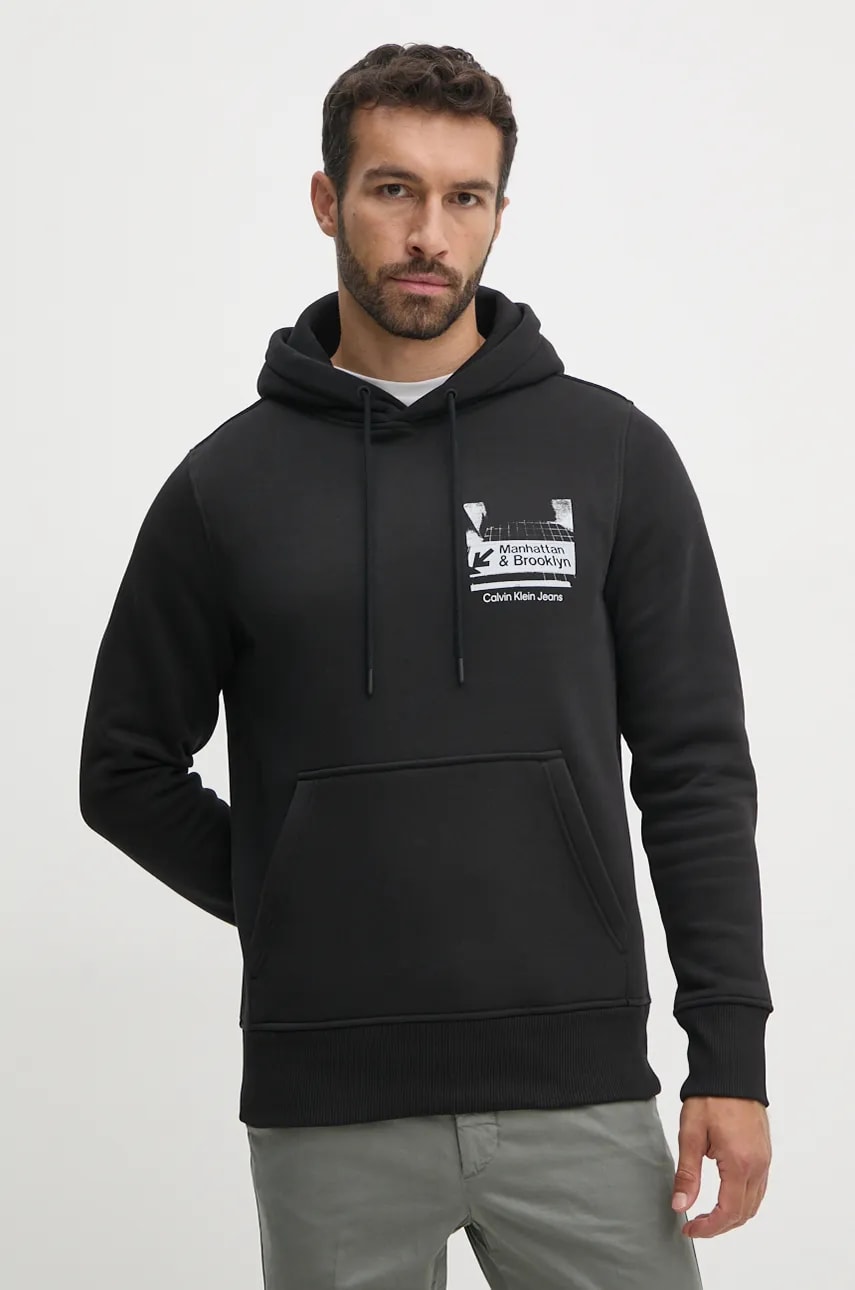 Levně Mikina Calvin Klein Jeans pánská, černá barva, s kapucí, s potiskem, J30J326880