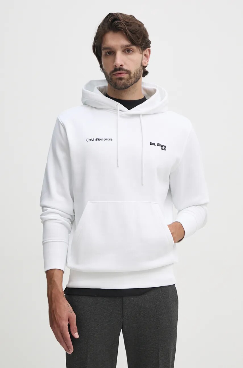 Levně Mikina Calvin Klein Jeans pánská, bílá barva, s kapucí, s potiskem, J30J326923