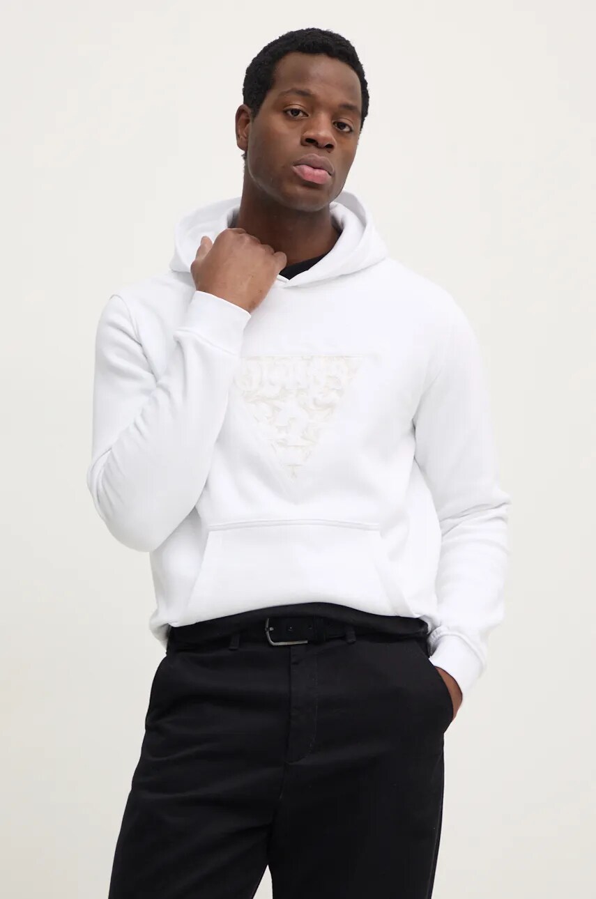 Levně Mikina Guess EMBROIDERED pánská, bílá barva, s kapucí, s aplikací, M4BQ25.K9Z21