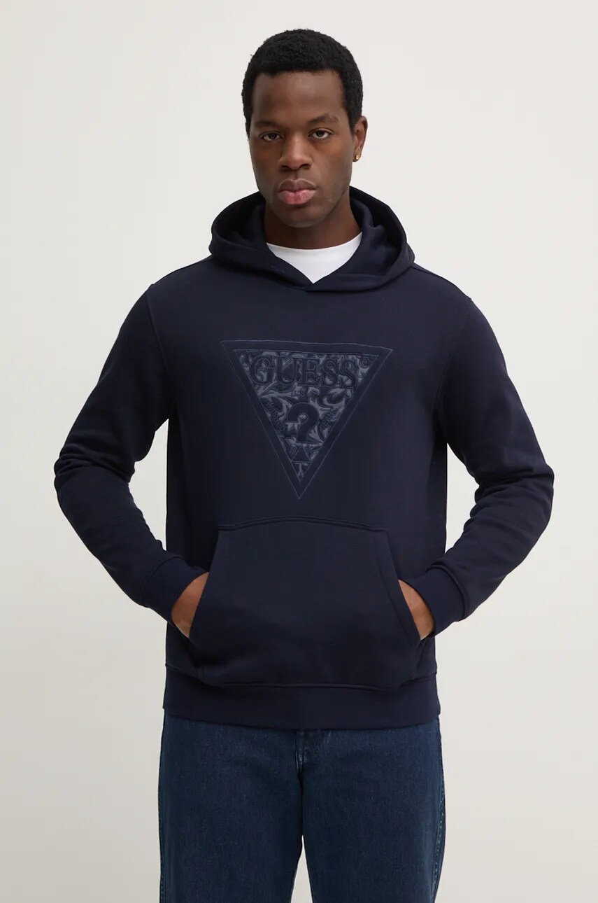 Levně Mikina Guess EMBROIDERED pánská, tmavomodrá barva, s kapucí, s aplikací, M4BQ25.K9Z21