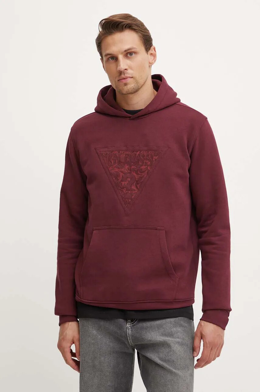 Levně Mikina Guess EMBROIDERED pánská, červená barva, s kapucí, s aplikací, M4BQ25.K9Z21
