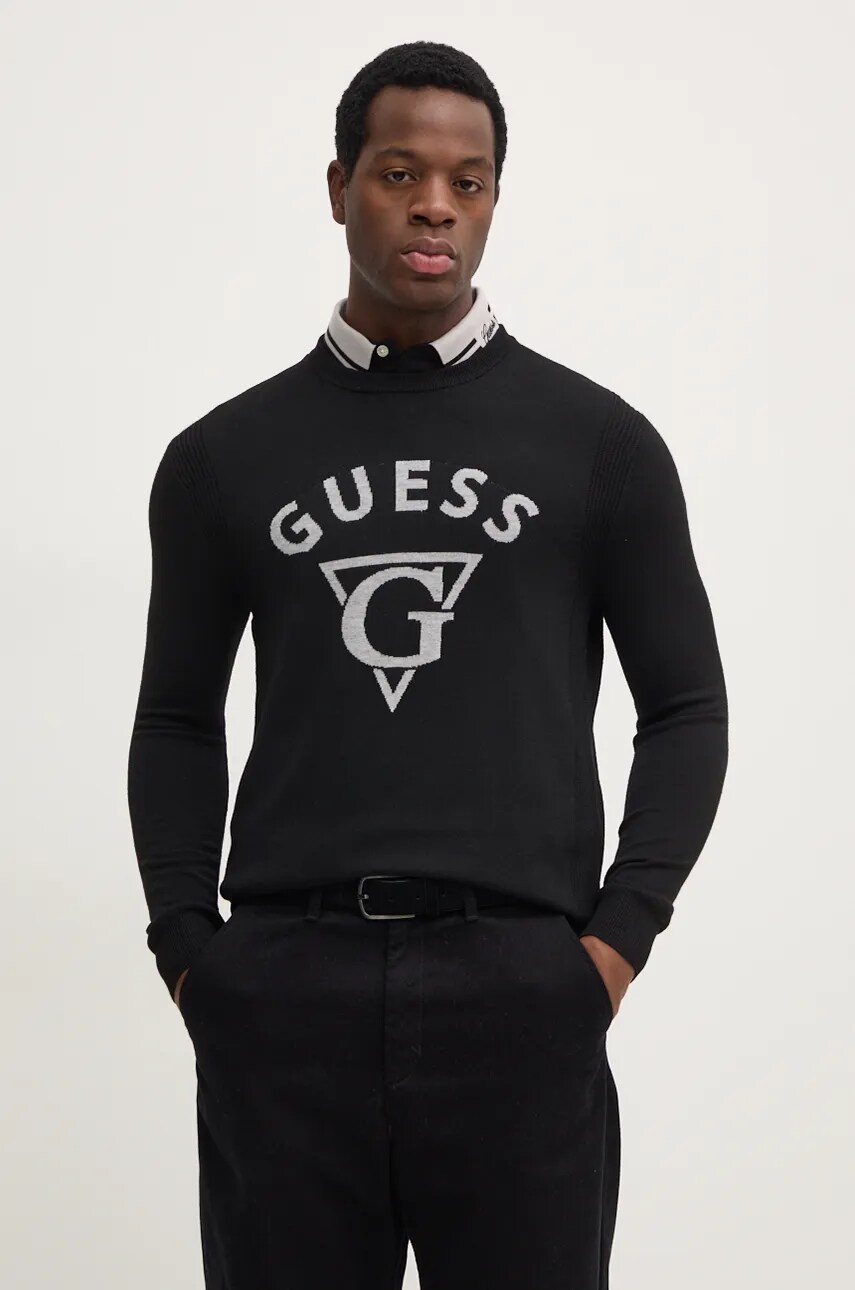 Levně Svetr Guess EDGAR pánský, černá barva, lehký, M4BR06.Z3H82
