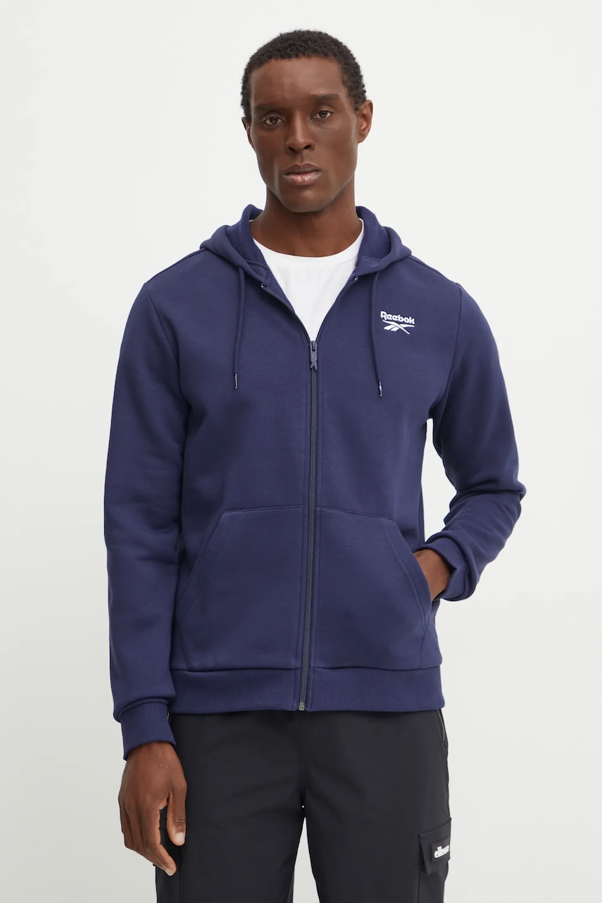 Reebok bluza barbati, culoarea albastru marin, cu glugă, neted, 100202861 Reebok bluza barbati, culoarea albastru marin, cu glugă, neted, 100202861