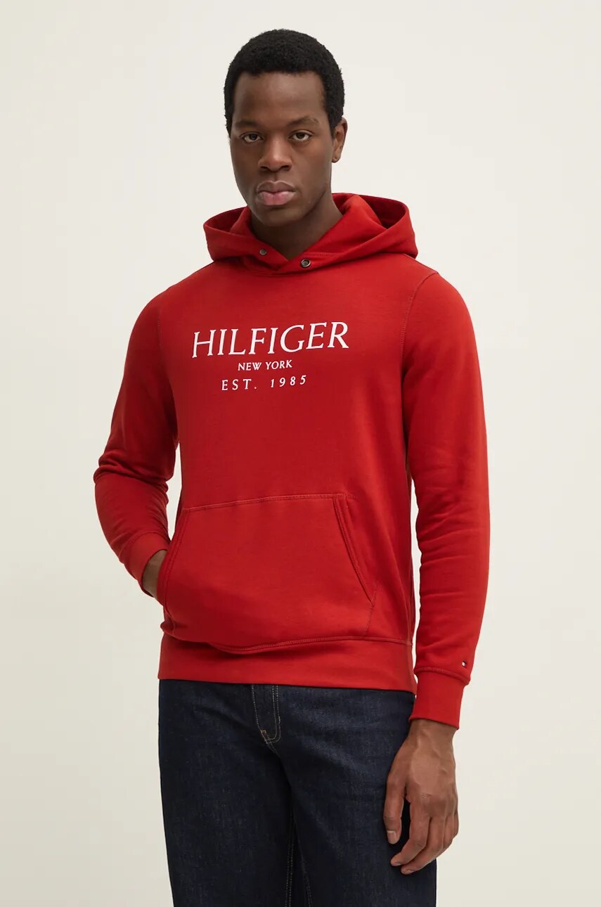 Levně Mikina Tommy Hilfiger pánská, červená barva, s kapucí, s potiskem, MW0MW35523