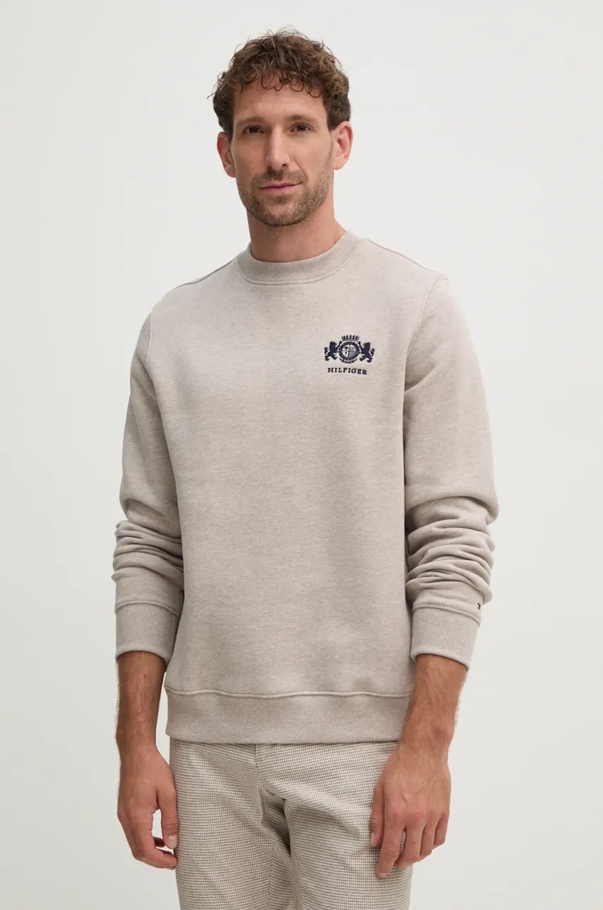 Levně Bavlněná mikina Tommy Hilfiger pánská, béžová barva, s aplikací, MW0MW35528