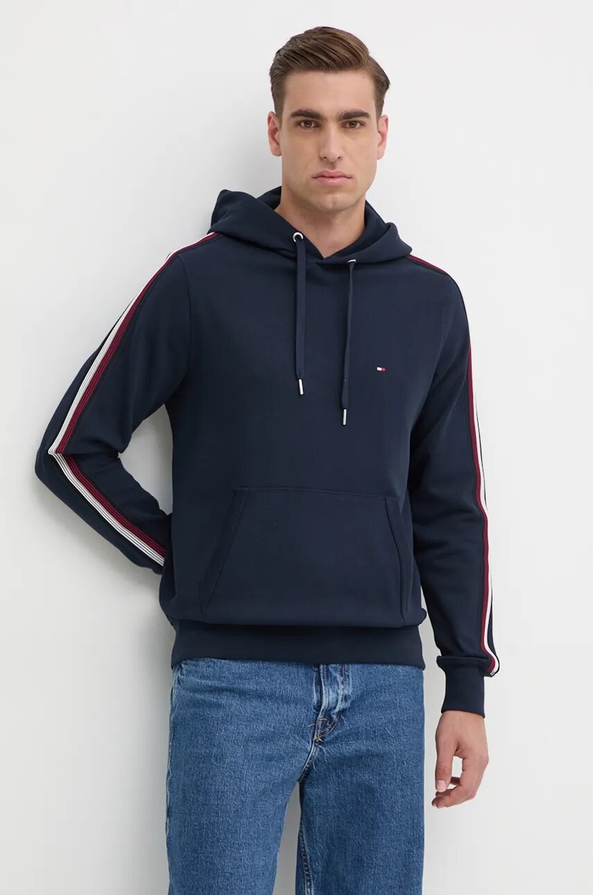 Levně Bavlněná mikina Tommy Hilfiger pánská, tmavomodrá barva, s kapucí, s aplikací, MW0MW37225