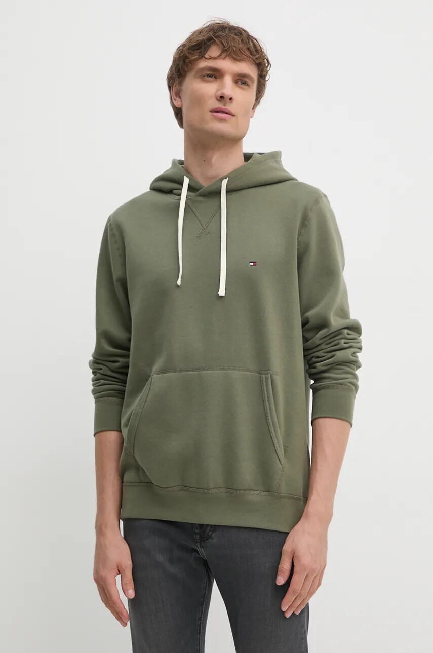 Levně Mikina Tommy Hilfiger pánská, zelená barva, s kapucí, hladká, MW0MW37230
