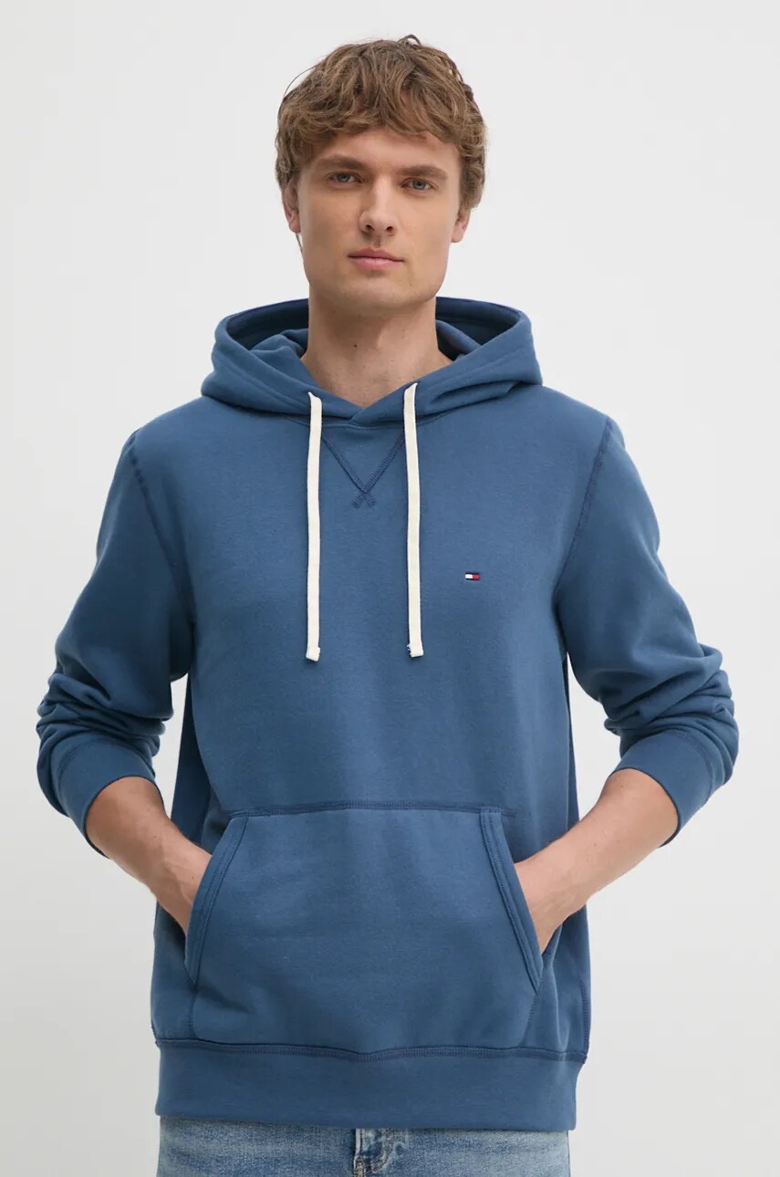 Levně Mikina Tommy Hilfiger pánská, modrá barva, s kapucí, hladká, MW0MW37230